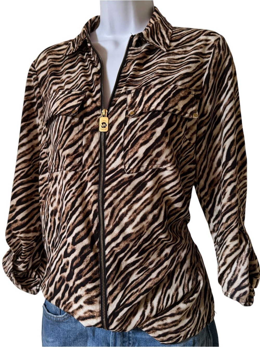 Michael Kors Zebra Print Zip Front Blouse Small